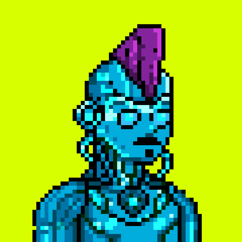 Robin Droids unit with a cyan chassis and purple mohawk crest on a lime field