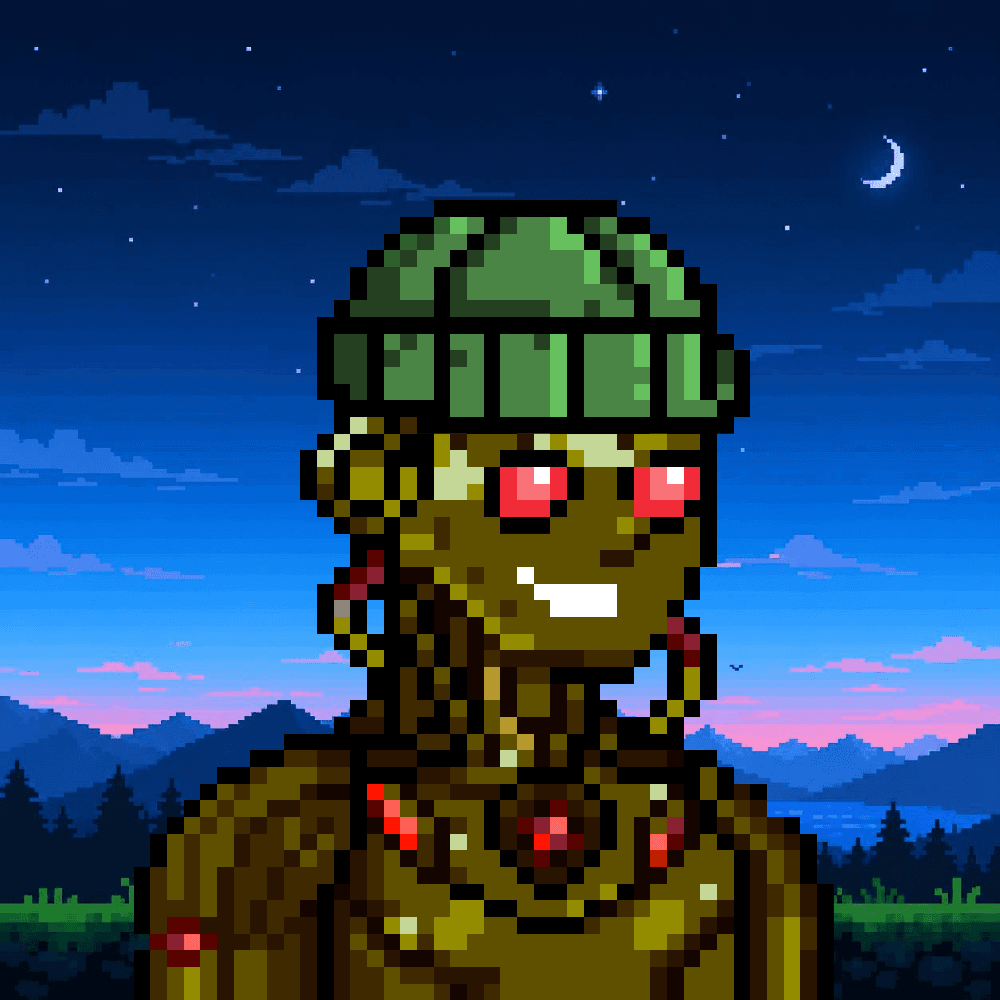 Robin Droids unit in a green beanie with red optics under a night sky