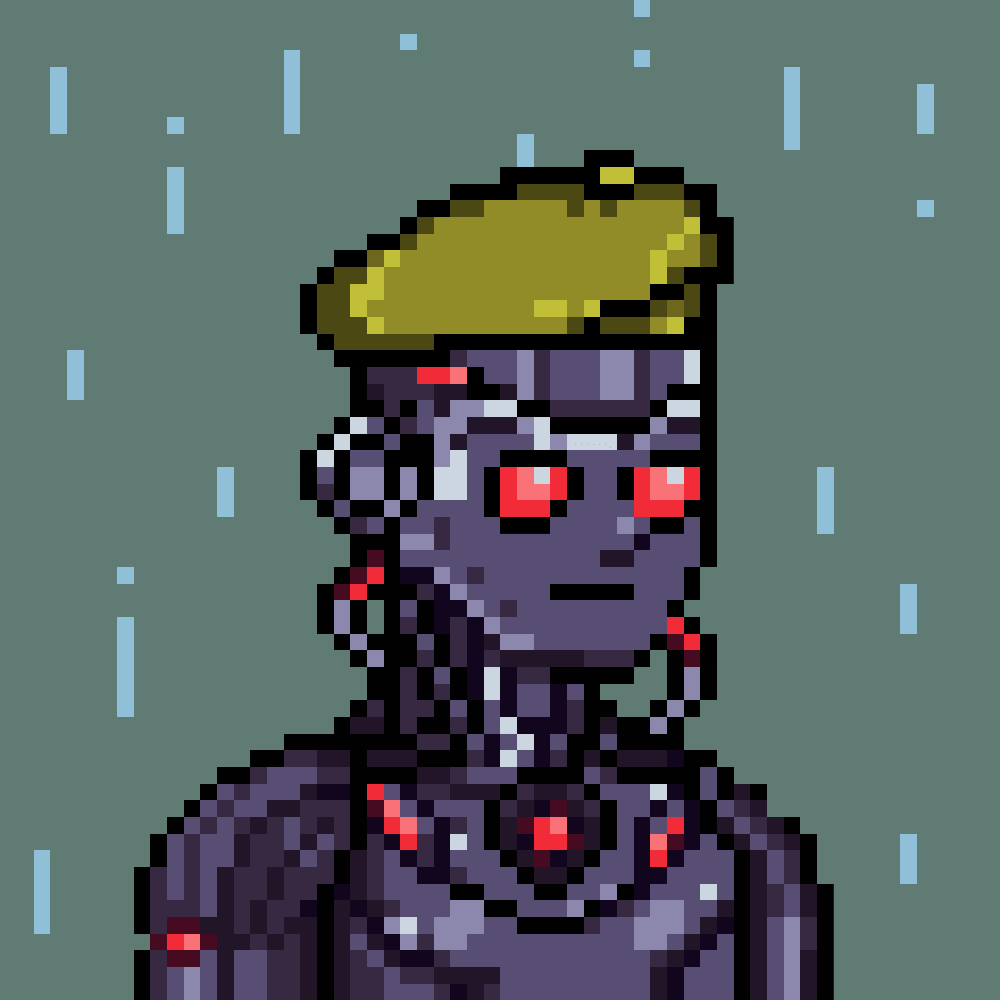 Robin Droids unit in a gold beret with red optics against teal rain