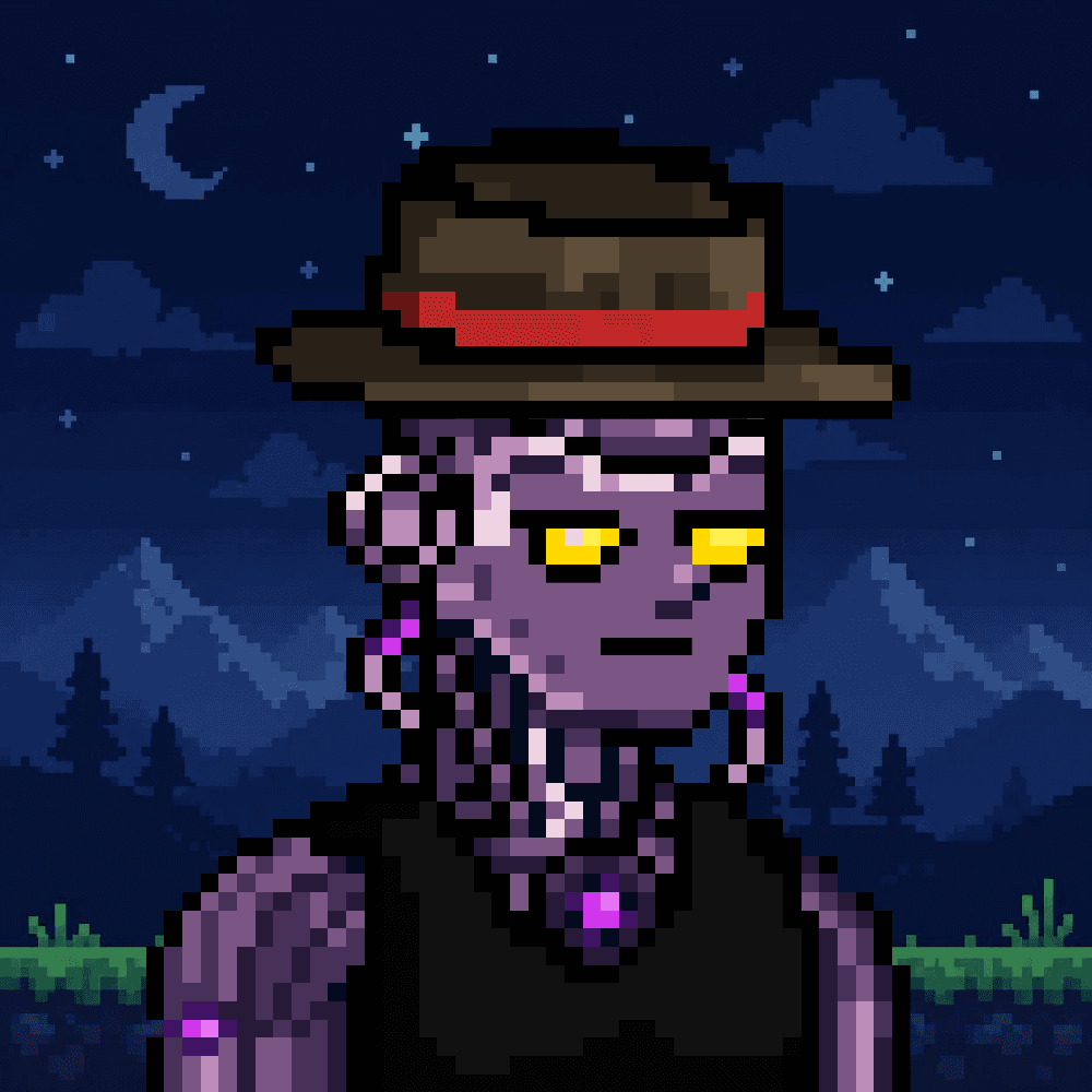 Robin Droids unit in a red-banded outlaw hat with gold optics under a night sky