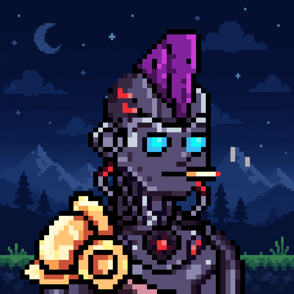 Robin Droids unit with a purple mohawk and cyan optics, a loot bag at its side under a night sky