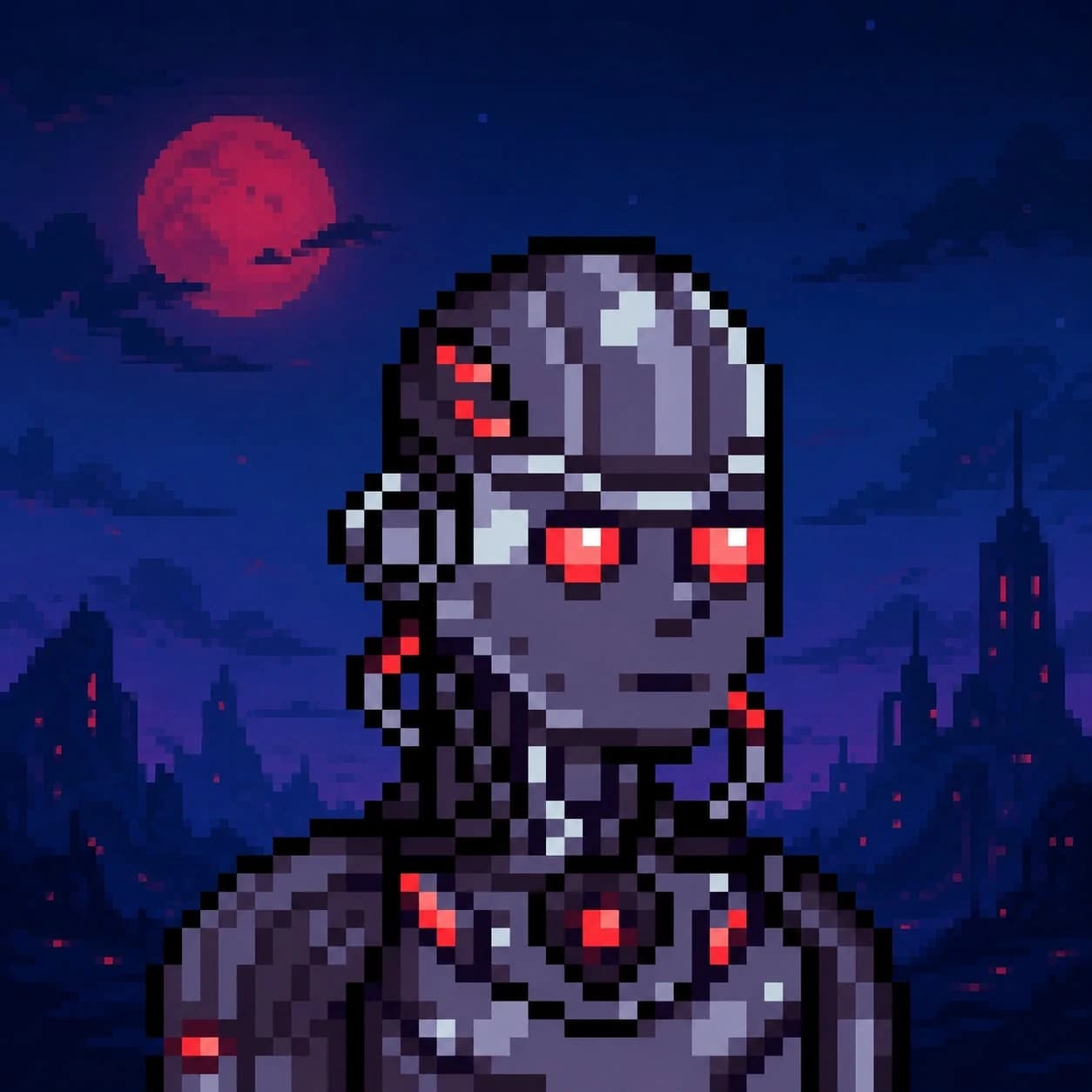 Robin Droids primary unit — a pixel droid with red optics on a lime field